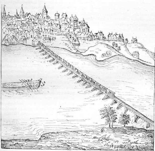 Eine Zeichnung einer Brücke, die einen Fluss überspannt, mit einem Schloss im Hintergrund, umgeben von Bäumen und einem Boot auf dem Wasser, mit Text unten, der lautet: "Die Brücke des Rheins in Deutschland."