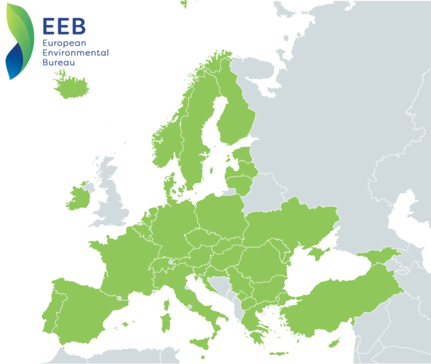 Karte von Europa mit dem Logo des Europäischen Umweltbüros in der linken oberen Ecke, unterschiedlich grün schattiert, um EU-Regionen anzuzeigen.
