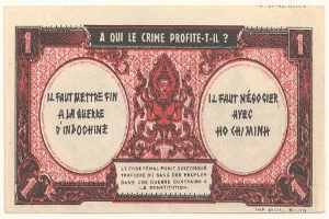 Eine alte französische Banknote mit einem ernst aussehenden Mann in einem Anzug, der den Text "A qui le crime profite-il?" trägt und ein weißes Hintergrund mit einem schwarzen Rand hat.
