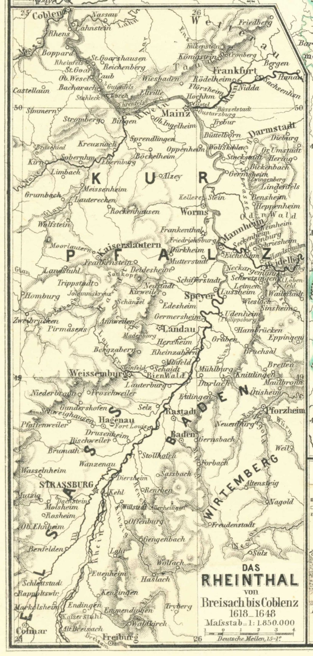 Ein detailliertes altes Kartenbild des Rheins in Deutschland, das Flüsse, Städte und geografische Merkmale zeigt, mit Text oben und unten, der zusätzliche Informationen liefert.