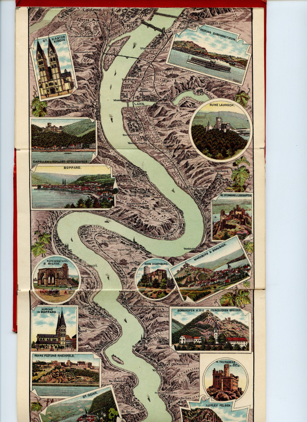 Alte Karte des Rheins in Deutschland in einem Foto-Rahmen mit Illustrationen von Gebäuden, Bäumen und Wasser.