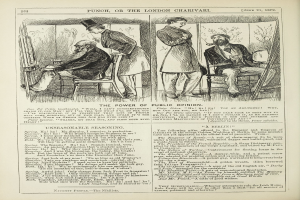 Ein altes Buch mit einer Zeichnung eines Mannes in einem Anzug, der in einem Stuhl sitzt und eine Frau neben ihm steht, betitelt mit "Die Macht der öffentlichen Meinung."