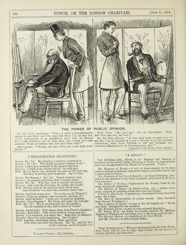 Ein altes Buch mit einer Zeichnung eines Mannes in einem Anzug, der in einem Stuhl sitzt und eine Frau neben ihm steht, betitelt mit "Die Macht der öffentlichen Meinung."