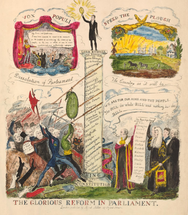 Eine bunte Papierreproduktion mit dem Titel "Die glorreiche Reform im Parlament", die eine klare Schrift und verschiedene, fröhliche Menschen zeigt, symbolisiert Hoffnung und Fortschritt.