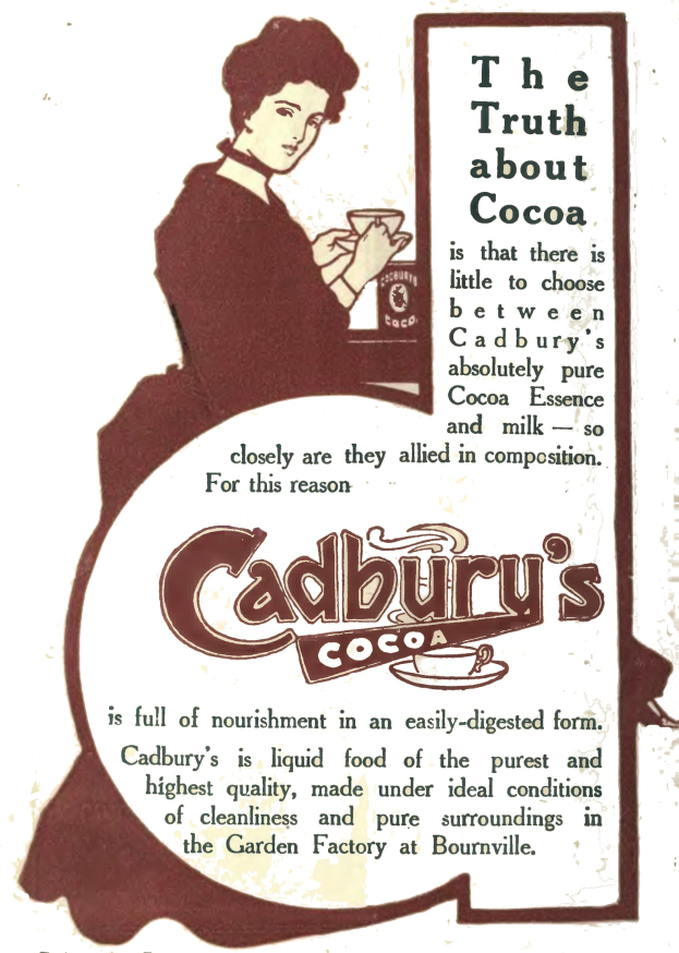 Werbung für Cadbury-Schokolade mit einer Frau, die eine Tasse Kakao hält