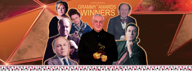 Group of people celebrating on stage at the Grammy Awards, one holding an award, with "Grammy Awards Winners" text and a design at the bottom.