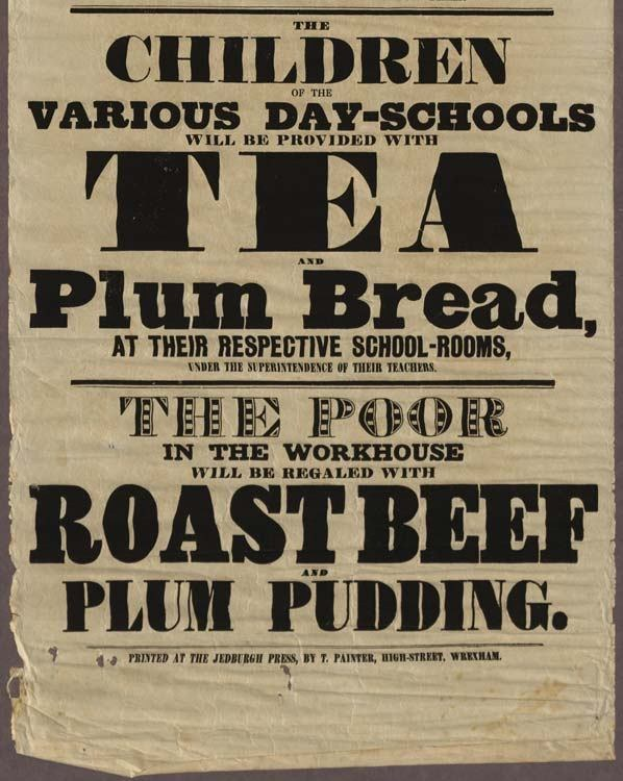 Ein Blatt mit dem Text "Die Kinder der verschiedenen Tagesschulen werden mit Tee, Pflaumenbrot und Roastbeef und Pflaumenpudding versorgt."