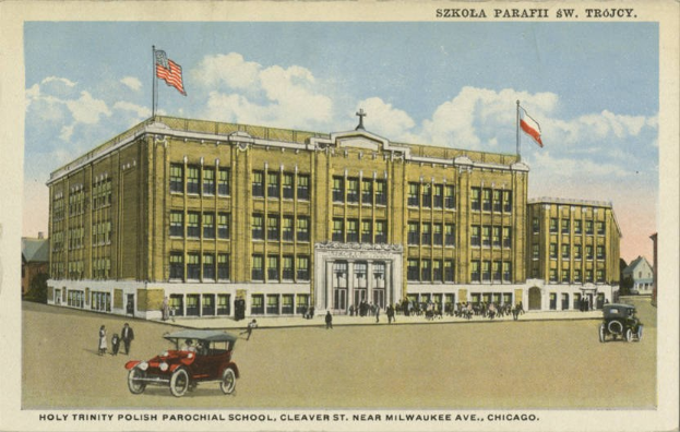 Plakat für die Heilige Dreifaltigkeit Polnische Pfarrschule in Cleveland, Ohio, das ein Schulgebäude mit Menschen, Fahrzeugen, Flaggen und Text unten zeigt.