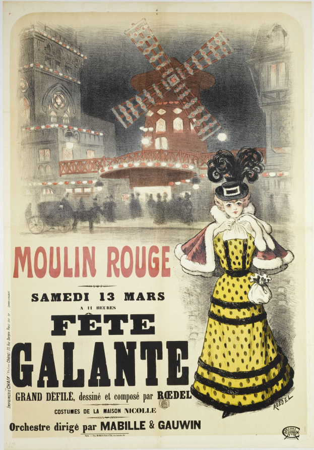 Ein Plakat für eine Moulin Rouge Fête Galante, das eine Frau in einem gelben Kleid zeigt, die vor einem Gebäude mit einer Windmühle im Hintergrund steht, begleitet von Event-Text.