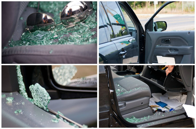 Ein Collage aus vier Bildern: Brille auf Glasscherben, eine Autoschrägansicht, ein zerbrochenes Autofenster und ein Autositz voller Glasscherben.