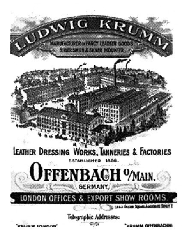 Schwarze und weiße Anzeige für Ludwig Krumm Ledergerbereien & Fabriken in Offenbach, Deutschland, mit einem Gebäudebild und Text.