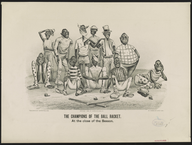 Schwarze und weiße Illustration einer Gruppe von Menschen mit Baseballschlägern und Bällen, einige stehen, andere sitzen, mit der Beschriftung "Die Meister des Ballschlägers am Ende der Saison" unten.