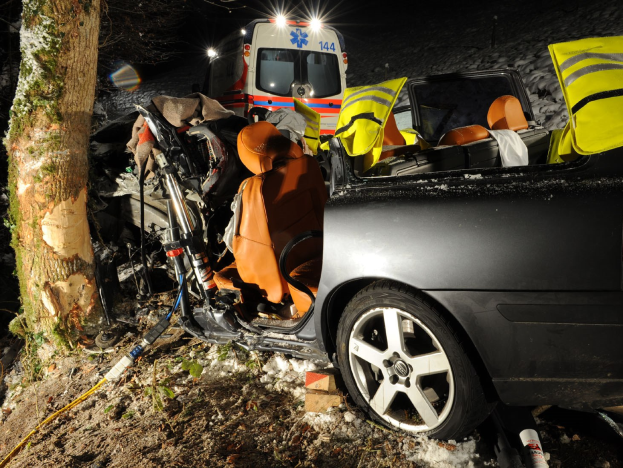 Ein demoliertes Auto am Straßenrand auf einer verschneiten Straße mit einem Krankenwagen im Hintergrund, umgeben von Bäumen.