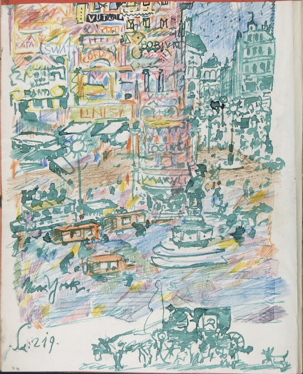 Buchumschlag mit detaillierter Illustration einer belebten Stadtlandschaft mit Gebäuden, Fahrzeugen, Menschen und einem Brunnen, sowie sichtbarem Text.