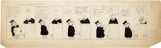 Ein Comic-Strip-Panel mit einem Mann in Zylinder und einer Frau in Kleid, die in eine Diskussion vertieft sind, wobei der Mann ein Stück Papier mit Text hält.