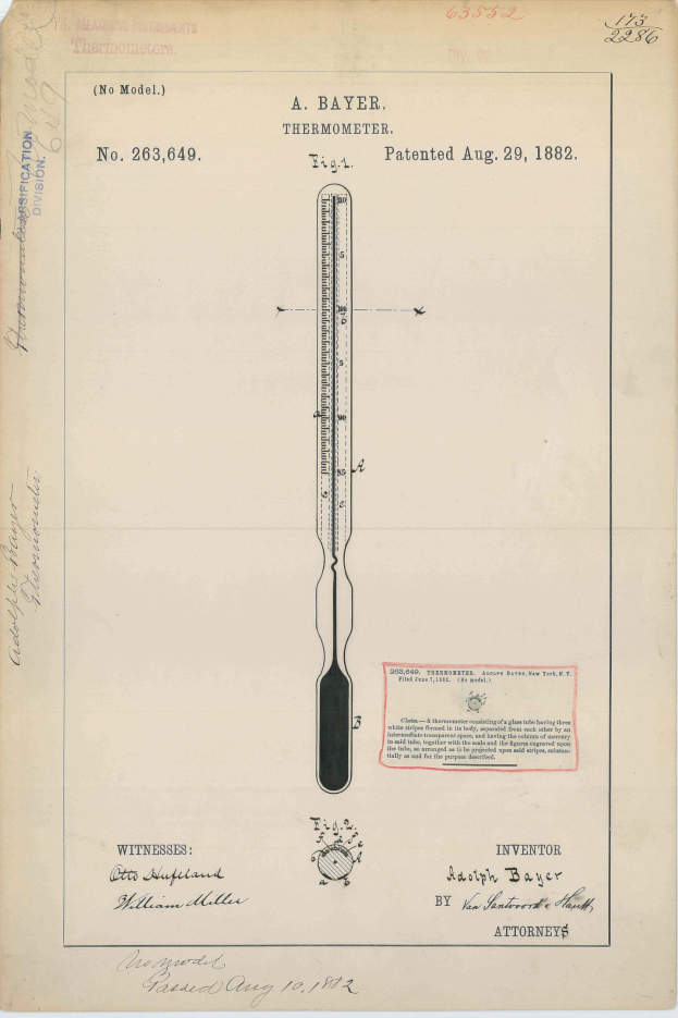 Ein altes Buch mit einer Zeichnung eines Thermometers, das mit "Bayer Thermometer Patent No. 263,649" beschriftet ist.