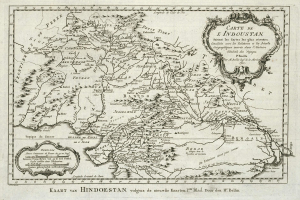 Ein altes Indien- und Himalaya-Karte, die geographische Merkmale wie Flüsse, Berge und Städte zeigt, mit Text in einer klassischen Schriftart.