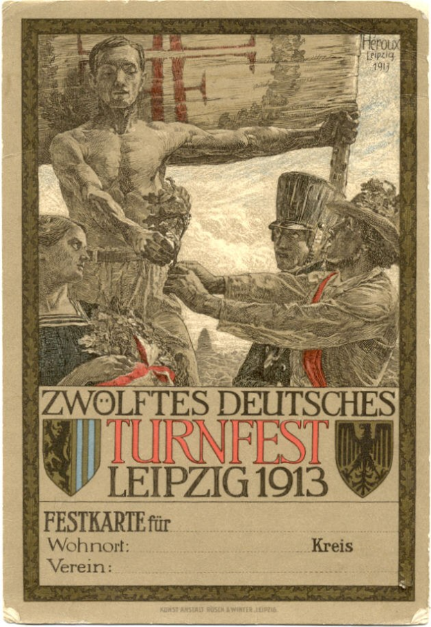 Plakat für das Zwölfte Deutsche Turnfest Leipzig 1913, das eine zentrale Gruppe von Menschen und Text über das Ereignis zeigt.