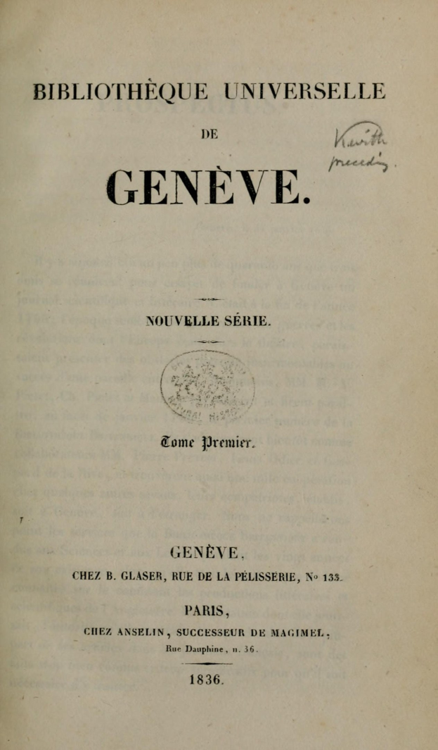 Altes Buch mit dem Titel 'Bibliothèque Universitaire de Geneve' offen, um Text im Inneren zu zeigen.