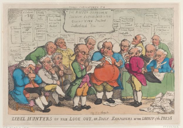 Eine Gruppe von Menschen, die um einen Tisch sitzen und Papiere und Gegenstände haben, wobei einer ein Papier hält, mit Text unten, der "Libel Hunters on the Look Out, or Daily Examiners of the Liberty of the Press" lautet.
