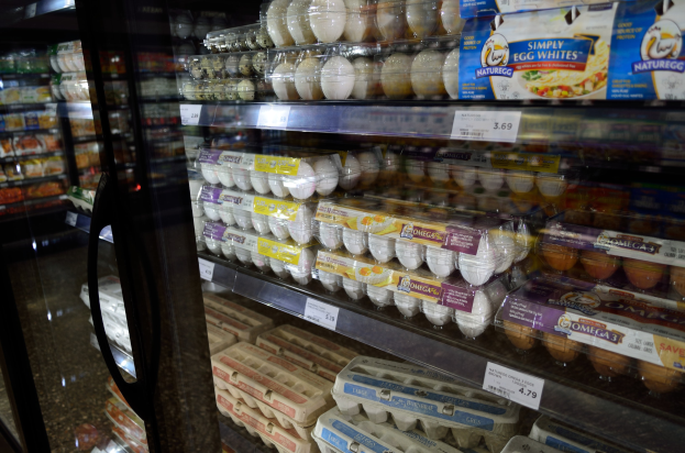 Ein Kühlschrank in einem Supermarkt, der mit ordentlich angeordneten Eiern verschiedener Arten gefüllt ist, jedes mit einem Preisschild, mit einem unscharfen Hintergrund für Tiefe.