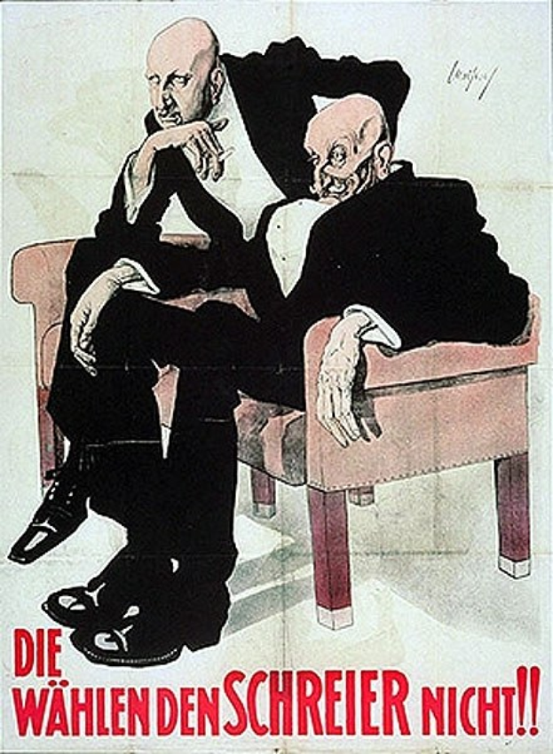 Deutsches Propagandaplakat für die NSDAP, das zwei Männer auf einem Sofa zeigt, mit Text, der die Partei bewirbt.
