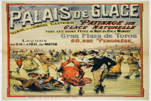 Plakatankündigung für eine Tanzveranstaltung im Palais de Glace in Paris mit einer Gruppe von Menschen in bunten Kostümen, die fröhlich tanzen, umgeben von Text.
