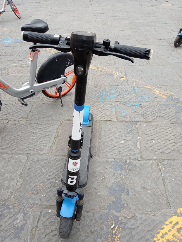 Zwei Elektro-Scooter auf einer Straße geparkt, einer wird von einer Person gefahren.