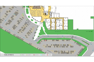 Flächenplan-Karte einer neuen Entwicklung in San Antonio, Texas, mit Straße, Gebäuden und Landmarken.