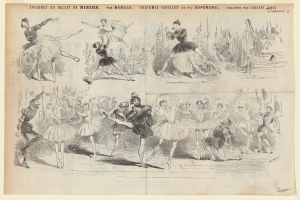 Eine Buchseite mit einer lebendigen Zeichnung einer Gruppe von Menschen, die im Einklang tanzen, mit begleitendem Text über das Datum, die Uhrzeit und den Ort des Ereignisses.