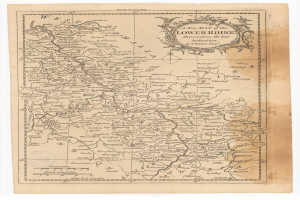 Ein altes Kartenbild des Niederrheins, das Flüsse, Berge und Städte mit Text in einer klassischen Schriftart zeigt.