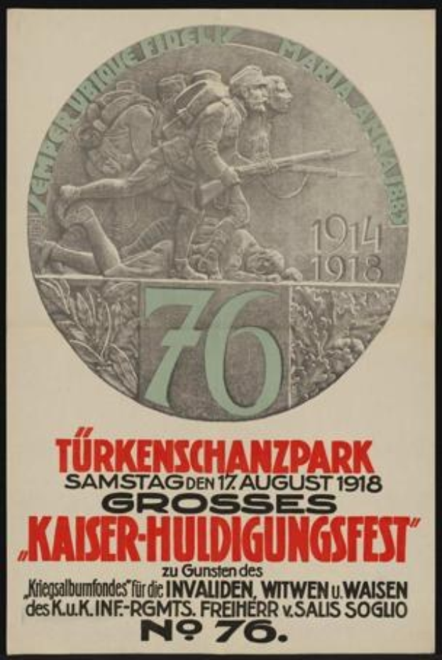 Plakat zum 70-jährigen Jubiläum des Kaiser-Huldigungsfests in Berlin, Deutschland, mit einer Gruppe von Menschen in der Mitte und umgeben von Text und Zahlen, gerahmt in einem Fotoраhmen.