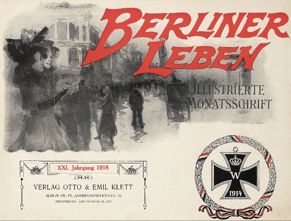 Alte Buchumschlaggestaltung mit dem Text "Berliner Leben", einem deutschen Militärlogo und einem Gruppenfoto, das Berlins Geschichte suggeriert.
