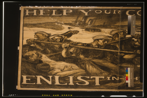 Ein Plakat mit schwarzem Hintergrund zeigt eine Gruppe von Menschen in heroischen Posen, einige halten Waffen, mit der Aufschrift "Helfen Sie Ihrem Unternehmen, melden Sie sich zum Kampf gegen die Bulge" in fetter weißer Schrift.