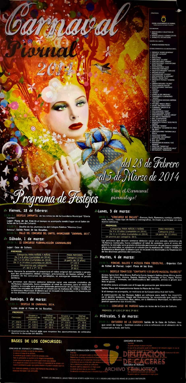 Plakat für das Karnevalsfest 2014 mit einer Frau in einem bunten Kleid, die strahlend in der Mitte steht, umgeben von fetter schwarzer Schrift auf einem leuchtend gelben Hintergrund.