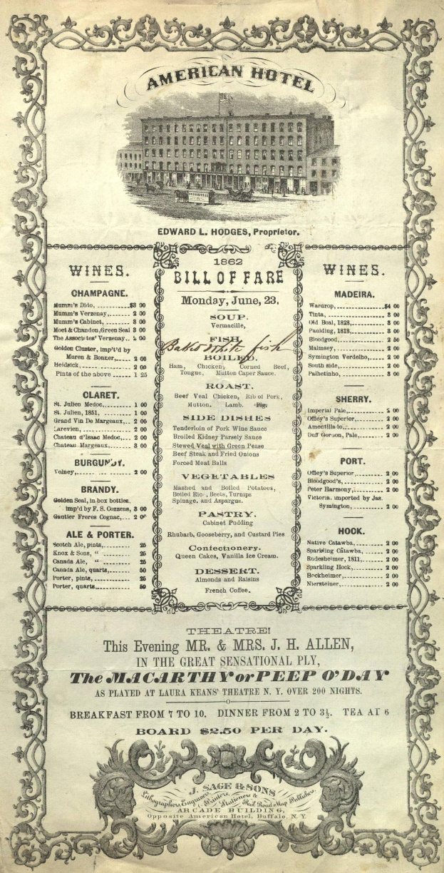 Altes Buch mit dem Titel "American Hotel Bill of Fare von 1862" mit einer Abbildung eines Gebäudes auf dem Cover, das den Text der Restaurantangebote zeigt.