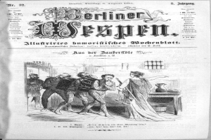 Eine schwarze und weiße Zeitung vom 6. August 1875 mit der überschrift "Berliner Wespn", die eine Zeichnung einer Gruppe von Menschen in Not zeigt, einige schauen öberrascht hoch und andere verwirrt nach unten.