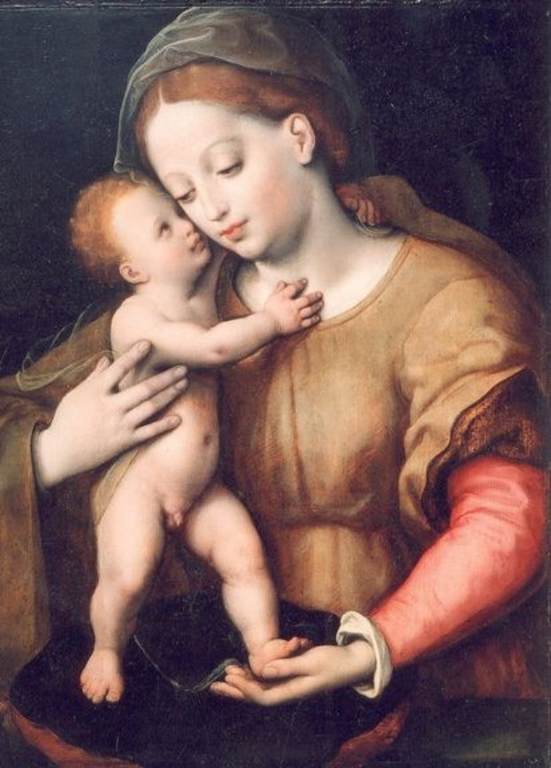 Gemälde 'Madonna und Kind' von Giovanni Bellini zeigt eine Frau in einem weißen Gewand, die ein Baby in den Armen hält, vor einem dunklen Hintergrund, wobei beide Figuren sanfte Ausdrücke zeigen.