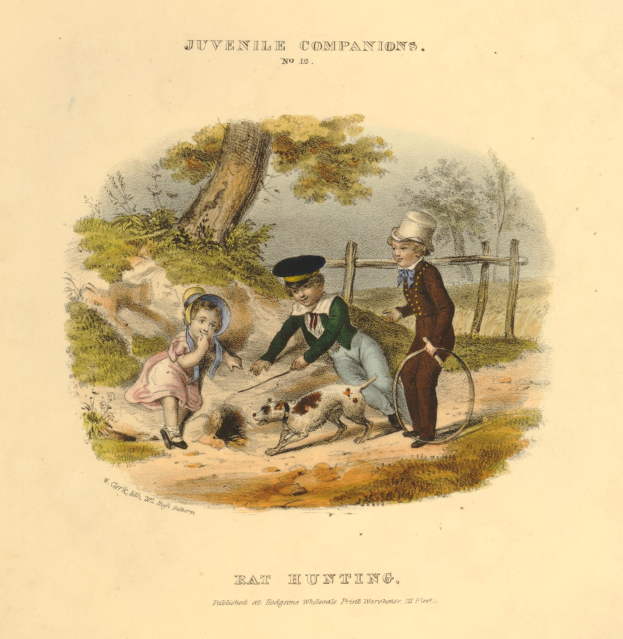 Ein Kindeszeichnung, die drei Kinder beim Spielen mit einem Hund im Park zeigt, umgeben von Bäumen, Pflanzen und einem Zaun, mit Text am unteren Rand.