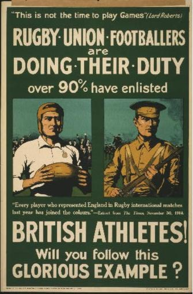 Plakat mit zwei Rugbyspielern in Uniform mit Text über britische Athleten, die sich verpflichten und ihre Aufgaben haben.