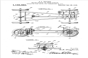 Ein detailliertes Schwarz-Weiß-Patentbild eines frühen 20. Jahrhundert-Autos, das ein Lenkrad und einen Lenkmechanismus zeigt, begleitet von beschreibendem Text.