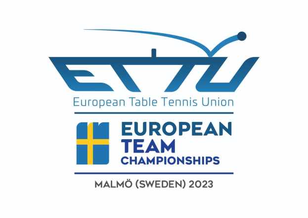 Das Logo der Europäischen Tischtennis-Union (ETTU) für die Europameisterschaften im Mannschaftsbereich, bestehend aus einem blauen Kreis mit einem weißen Tischtennisschläger und einem weißen und blauen Rand, mit der schwarzen Schrift "Europameisterschaften im Mannschaftsbereich" darunter.