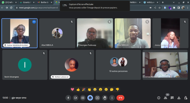 Gruppe von Menschen in einer lebhaften Diskussion während eines aufgezeichneten Videoanrufs auf einem Computermonitor.