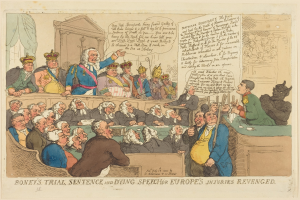 Cartoon-Illustration eines Gerichtssaals mit einem zentralen stehenden Mann, einer sitzenden Jury und einem Tisch mit Gegenständen, betitelt "Boney's Trial, Sentence and Dying Speech Europe's Injuries Revenged."