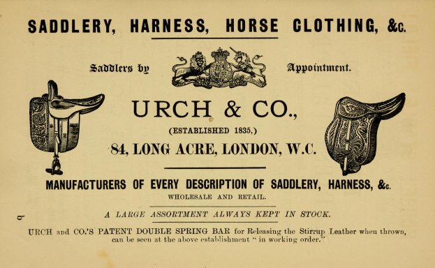 Anzeige für urch & co Sattlerei, die Schuhwerk, Sättel, Zaumzeug und Zügel zeigt.