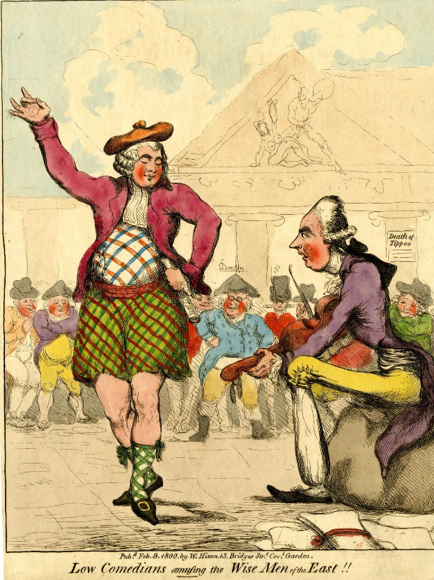 Cartoon-Illustration eines Mannes in einem Kilt und einer Frau in einem Kleid, die vor einem Gebäude für ein Publikum auftreten, mit Text unten, der 'Niedrige Komiker, die die weisen Männer des Ostens unterhalten' liest.