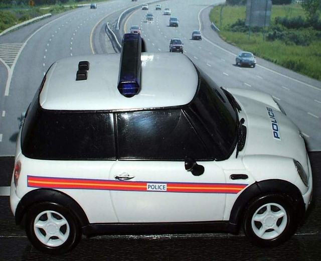 Weißer Polizeiwagen mit "Polizei"-Aufschrift vor einer belebten Straße außerhalb der Stadt, flankiert von Gras und Bäumen.