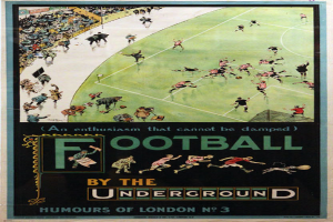 Ein Vintage-Plakat, das ein Fußballspiel bewirbt, mit der Aufschrift "Fußball in der U-Bahn - Humours of London No. 3", das eine Zuschauermenge in einem Stadion zeigt.