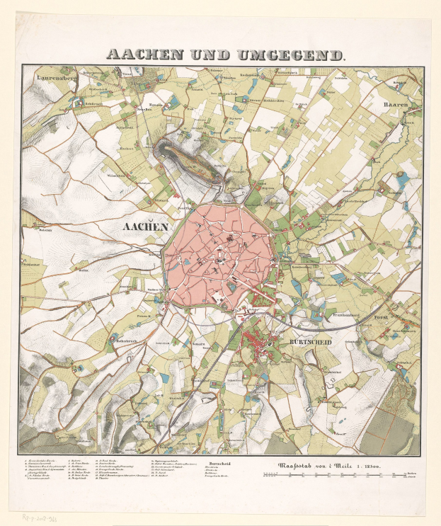 Alte detaillierte Karte von Aachen, Deutschland, mit Text oben und unten, zeigt Straßen, Gebäude und Sehenswürdigkeiten.