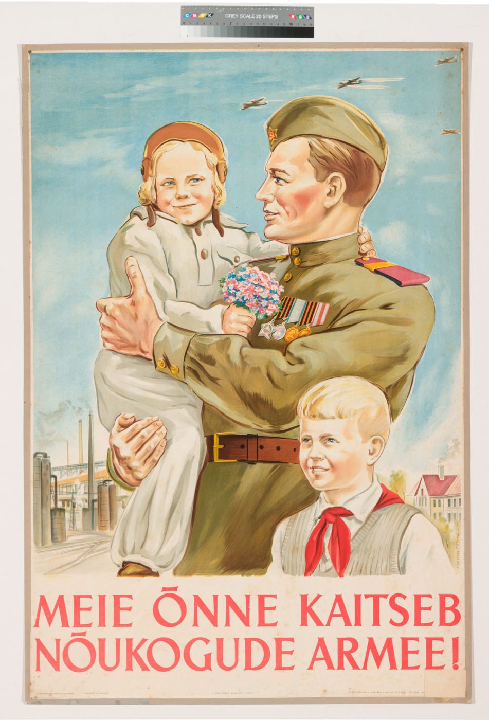 Ein polnisches Weltkriegspropagandaplakat, das einen Mann zeigt, der ein Kind hält, mit zwei weiteren Kindern davor und Text darunter.